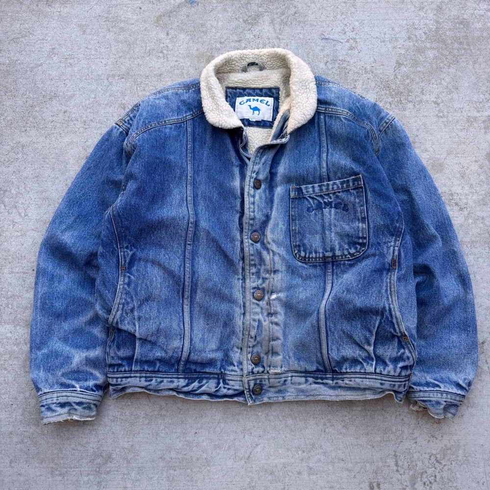 Vintage 90s Camel Joe Denim Trucker Jacket‎ Large Sherpa Lined Blue 90s Promo